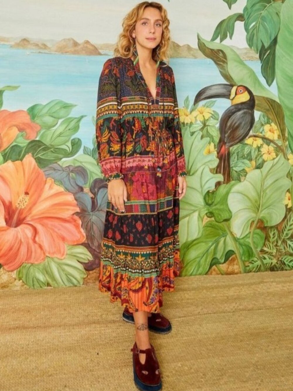 Farm Rio Mixed Patchwork Midi Dress Boho Floral Long Sleeve Tie Waist XS